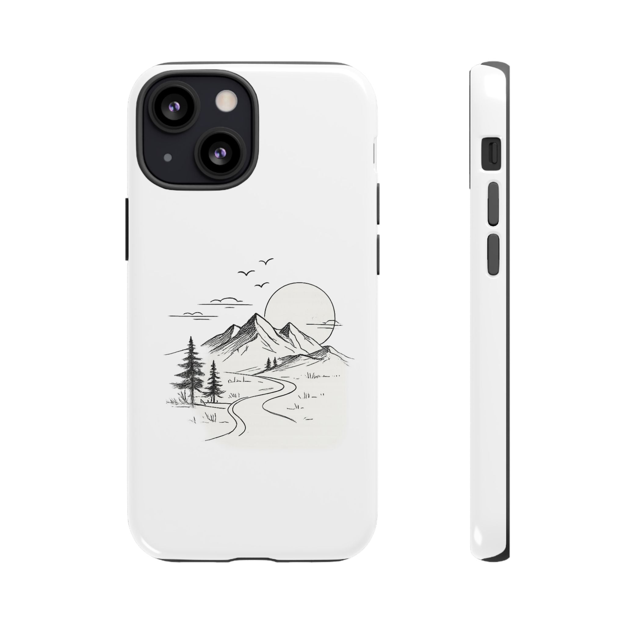 Mountain Landscape Phone Case — Minimal Sketch Scenic Tough Case