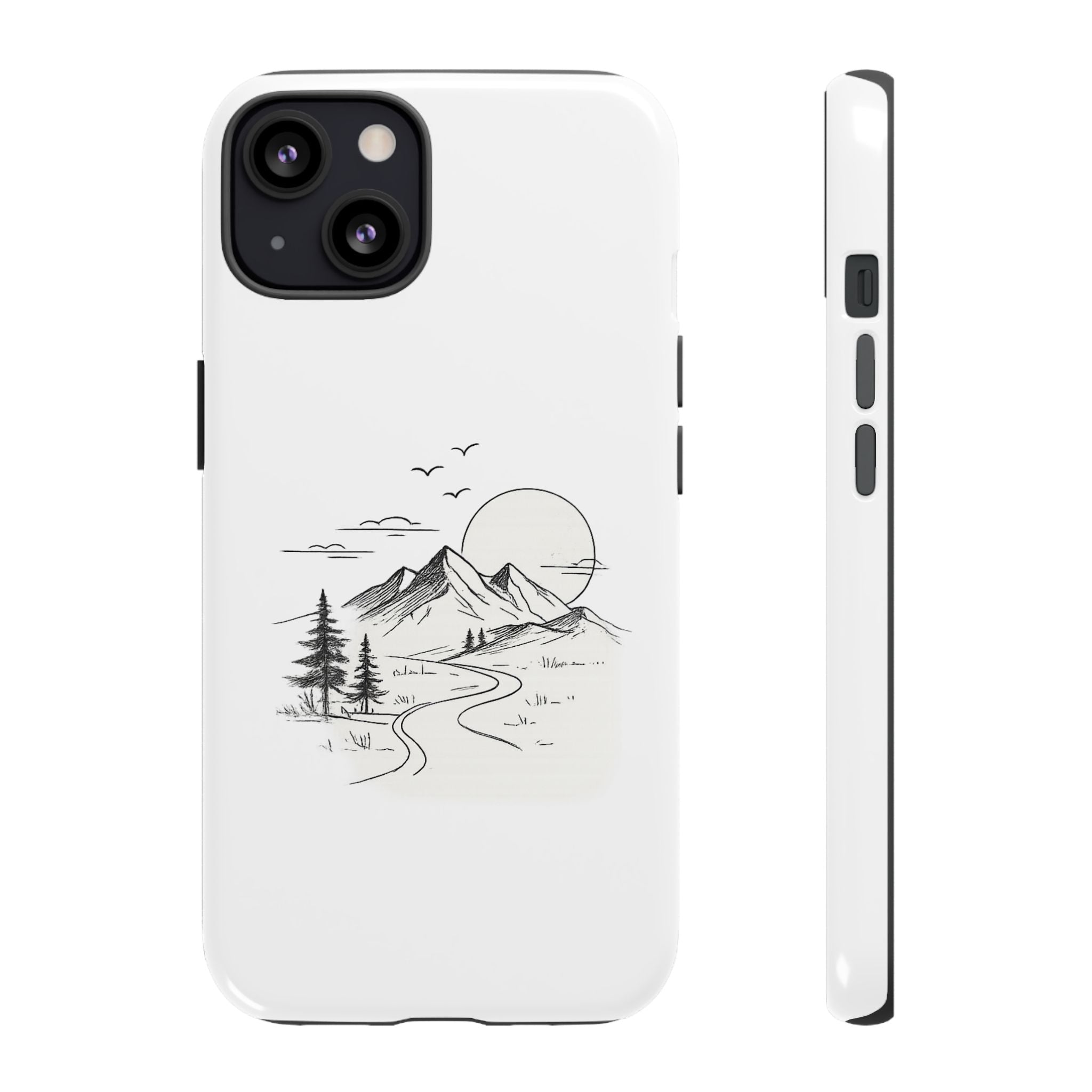 Mountain Landscape Phone Case — Minimal Sketch Scenic Tough Case